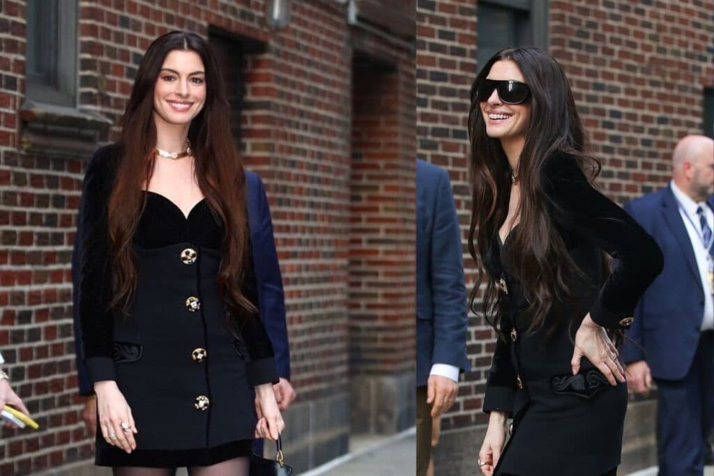 Anne Hathaway sorprendió en Nueva York: adiós al look de “El diablo viste a la moda” para transformarse en estrella del pop